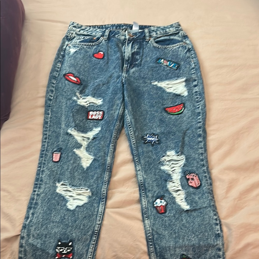 H&M Women's Straight Leg Jeans with Patches - Blue